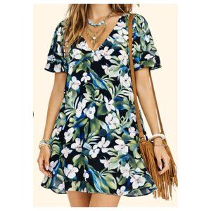 SHOW ME YOUR MUMU "Disick" Mini Dress V-Neck Woven Tropical Black/Green/White L